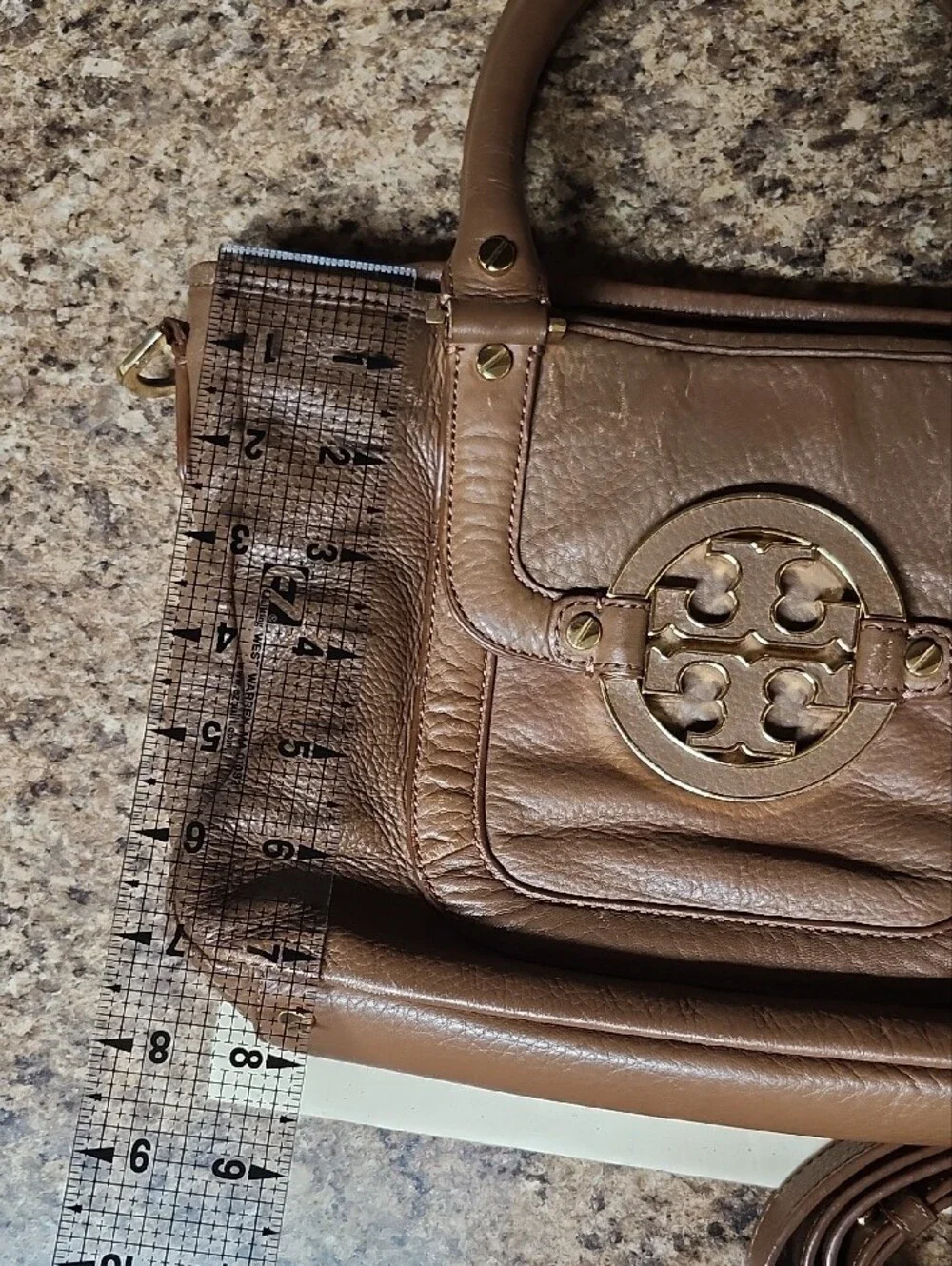 Tory Burch Amanda Brown Leather Satchel Handbag with Gold Logo Accent